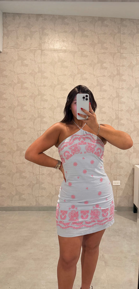 Rose Bloom Halter Neck Mini Drees