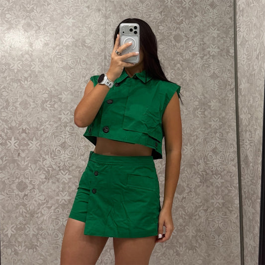 Bold Button Cropped Vest & Skort